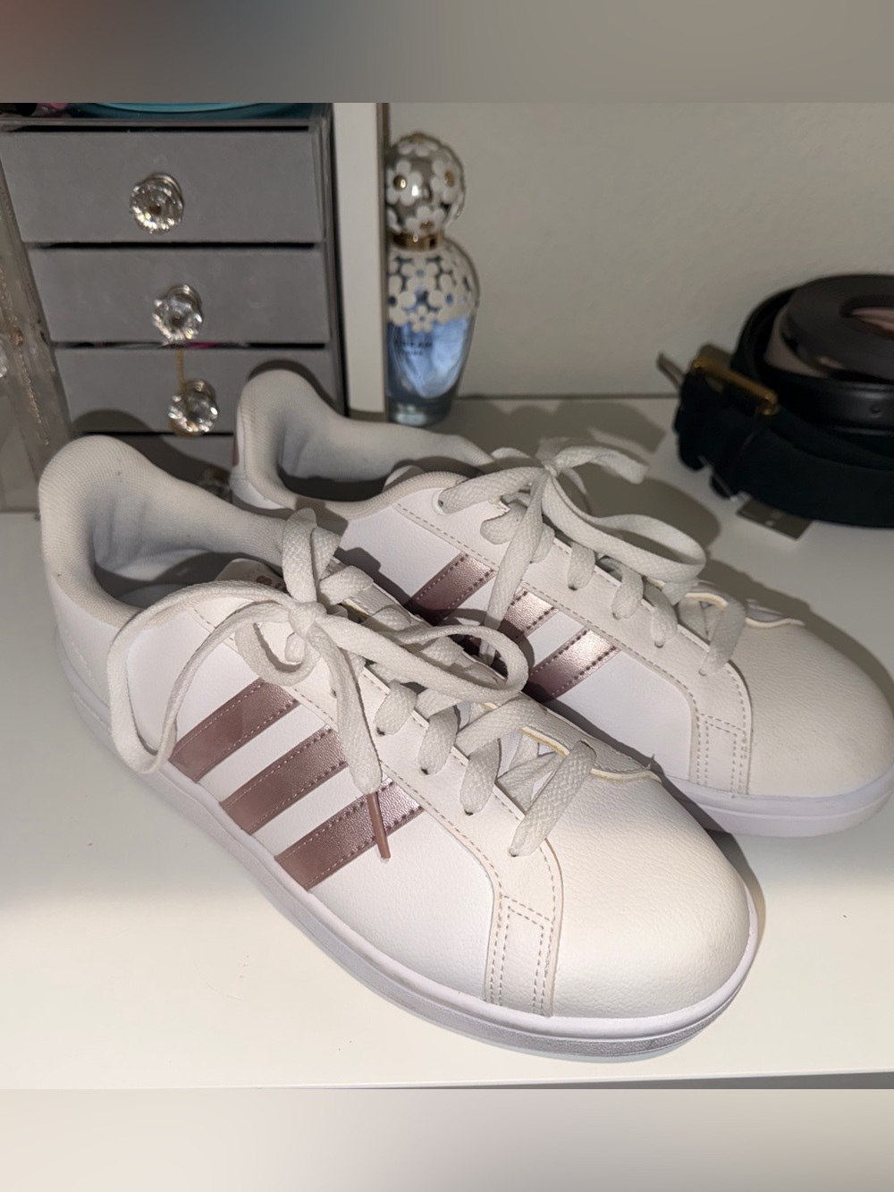 adidas White Sneakers with Rose Gold Stripes W9.5